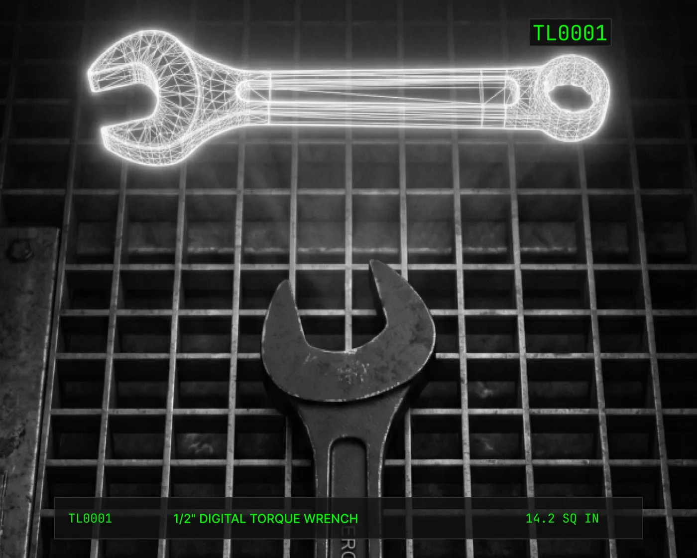 Digital-twin view of a torque wrench identified by its foam-pocket geometry.